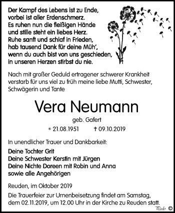Traueranzeige von Vera Neumann von Super Sonntag Zeitz