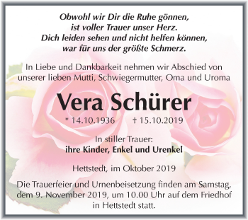 Traueranzeige von Vera Schürer von Mitteldeutsche Zeitung Mansfelder Land