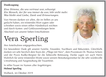 Traueranzeige von Vera Sperling von Super Sonntag Mansfelder Land