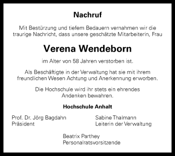 Traueranzeige von Verena Wendeborn von Wochenspiegel Dessau-Roßlau