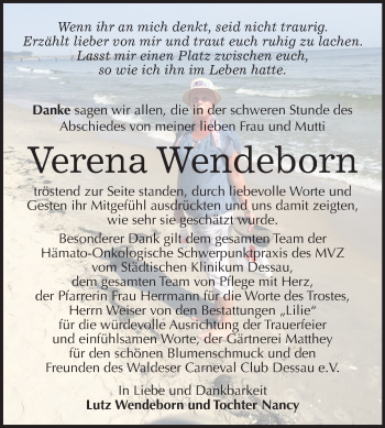 Traueranzeige von Verena Wendeborn von Mitteldeutsche Zeitung Dessau-Roßlau