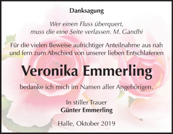 Traueranzeige von Veronika Emmerling von Mitteldeutsche Zeitung Halle/Saalkreis