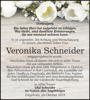 Traueranzeige von Veronika Schneider von Mitteldeutsche Zeitung Merseburg/Querfurt