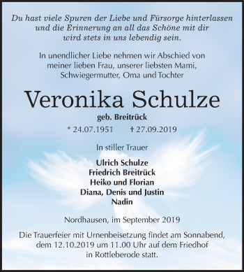 Traueranzeige von Veronika Schulze von Mitteldeutsche Zeitung Sangerhausen