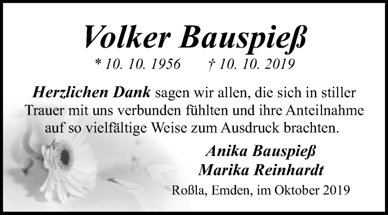  Traueranzeige für Volker Bauspieß vom 26.10.2019 aus Mitteldeutsche Zeitung Sangerhausen