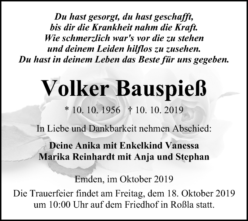  Traueranzeige für Volker Bauspieß vom 16.10.2019 aus Mitteldeutsche Zeitung Sangerhausen