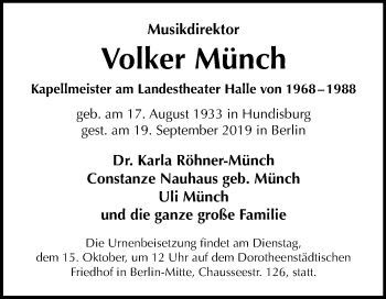 Traueranzeige von Volker Münch von Mitteldeutsche Zeitung Halle/Saalkreis