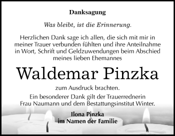 Traueranzeige von Waldemar Pinzka von Wochenspiegel Bitterfeld