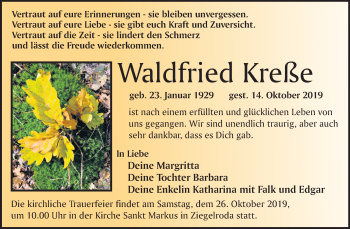 Traueranzeige von Waldfried Kreße von Mitteldeutsche Zeitung Merseburg/Querfurt