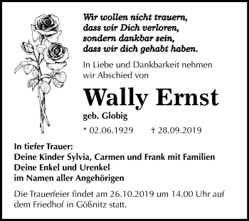 Traueranzeige von Wale Ernst von Wochenspiegel Naumburg/Nebra