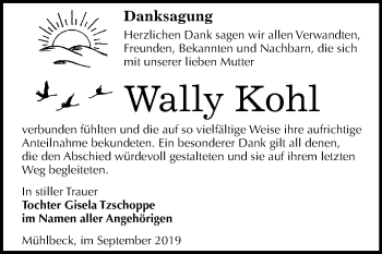 Traueranzeige von Wally Kohl von Wochenspiegel Bitterfeld