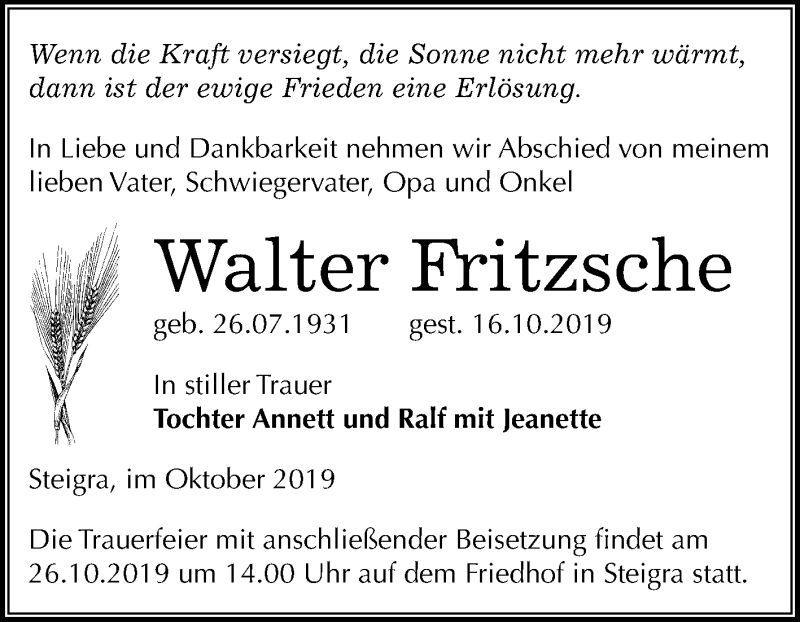 Traueranzeigen von Walter Fritzsche www.abschiednehmen.de