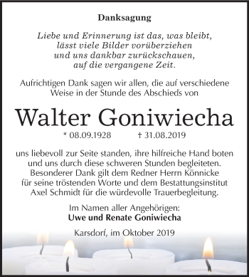 Traueranzeige von Walter Goniwiecha von Wochenspiegel Naumburg/Nebra