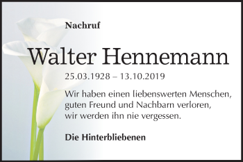 Traueranzeige von Walter Hennemann von Mitteldeutsche Zeitung Bitterfeld