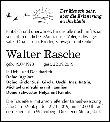Traueranzeige von Walter Rasche von Super Sonntag Wittenberg