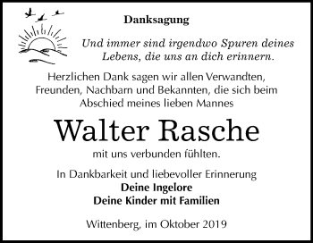 Traueranzeige von Walter Rasche von Mitteldeutsche Zeitung Wittenberg