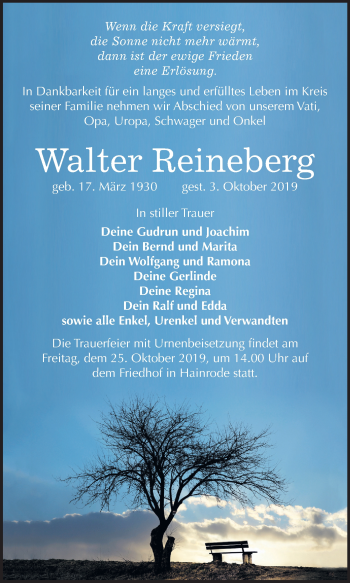 Traueranzeige von Walter Reineberg von Mitteldeutsche Zeitung Sangerhausen
