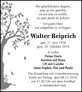 Traueranzeige von Walter Reiprich von Mitteldeutsche Zeitung Bitterfeld