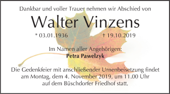 Traueranzeige von Walter Vinzens von Mitteldeutsche Zeitung Halle/Saalkreis