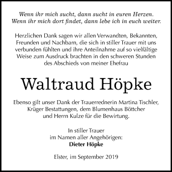 Traueranzeige von Waltraud Höpke von Super Sonntag Wittenberg