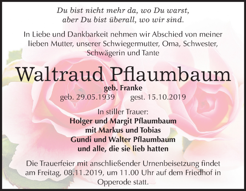  Traueranzeige für Waltraud Pflaumbaum vom 26.10.2019 aus Super Sonntag Quedlinburg