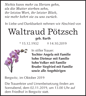 Traueranzeige von Waltraud Pötzsch von Super Sonntag Wittenberg