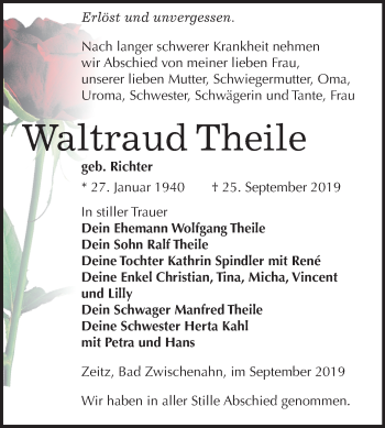 Traueranzeige von Waltraud Theile von Super Sonntag Zeitz