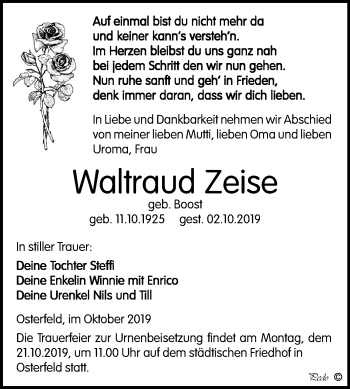 Traueranzeige von Waltraud Zeise von Super Sonntag Zeitz