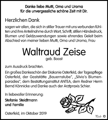 Traueranzeige von Waltraud Zeise von Wochenspiegel Naumburg/Nebra