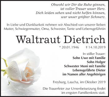 Traueranzeige von Waltraut Dietrich von Wochenspiegel Naumburg/Nebra