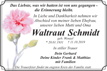 Traueranzeige von Waltraut Schmidt von Super Sonntag Dessau-Roßlau