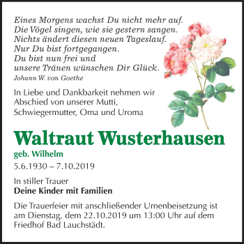 Traueranzeige von Waltraut Wusterhausen von Wochenspiegel Merseburg/Querfurt