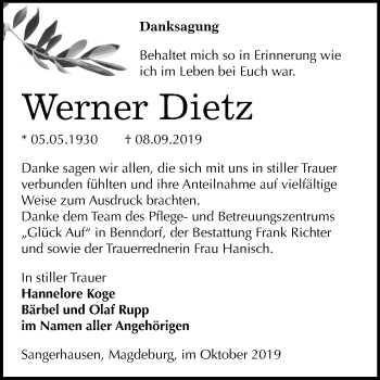 Traueranzeige von Werner Dietz von Super Sonntag Sangerhausen