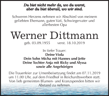 Traueranzeige von Werner Dittmann von Wochenspiegel Weißenfels