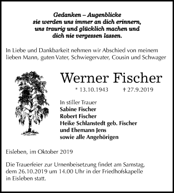 Traueranzeige von Werner Fischer von Super Sonntag Mansfelder Land