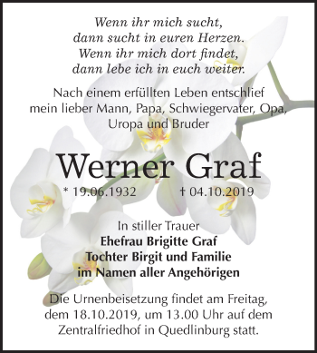 Traueranzeige von Werner Graf von Mitteldeutsche Zeitung Quedlinburg
