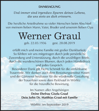 Traueranzeige von Werner Graul von Super Sonntag Wittenberg