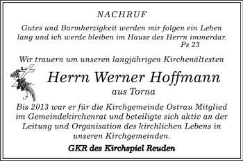 Traueranzeige von Werner Hoffmann von Super Sonntag Zeitz