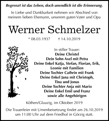Traueranzeige von Werner Schmelzer von Mitteldeutsche Zeitung Dessau-Roßlau