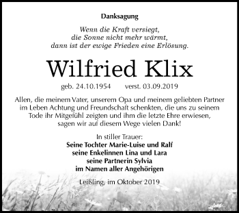 Traueranzeige von Wilfried Klix von Mitteldeutsche Zeitung Weißenfels
