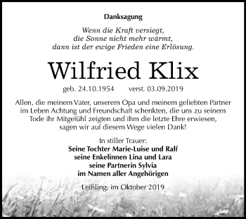 Traueranzeige von Wilfried Klix von Wochenspiegel Weißenfels