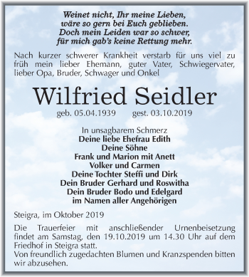 Traueranzeige von Wilfried Seidler von Mitteldeutsche Zeitung Merseburg/Querfurt