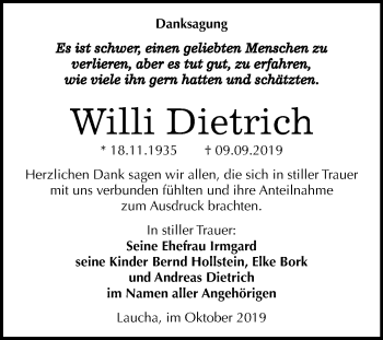 Traueranzeige von Willi Dietrich von Wochenspiegel Naumburg/Nebra