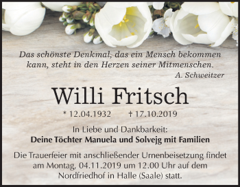 Traueranzeige von Willi Fritsch von Mitteldeutsche Zeitung Halle/Saalkreis