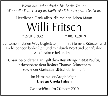 Traueranzeige von Willi Fritsch von Mitteldeutsche Zeitung Halle/Saalkreis