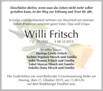 Traueranzeige von Willi Fritsch von Mitteldeutsche Zeitung Halle/Saalkreis