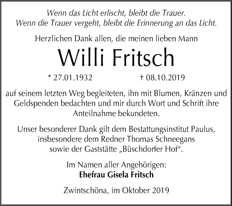  Traueranzeige für Willi Fritsch vom 26.10.2019 aus Mitteldeutsche Zeitung Halle/Saalkreis