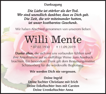 Traueranzeige von Willi Mente von Mitteldeutsche Zeitung Quedlinburg