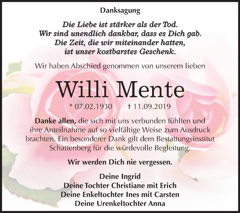  Traueranzeige für Willi Mente vom 12.10.2019 aus Super Sonntag Quedlinburg