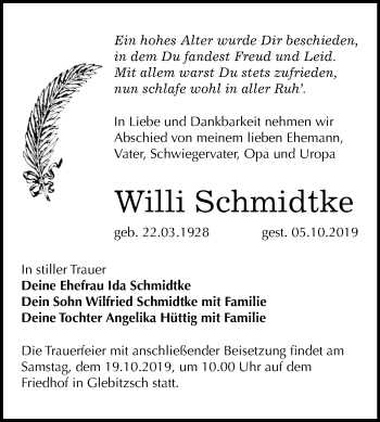 Traueranzeige von Willi Schmidtke von Mitteldeutsche Zeitung Bitterfeld